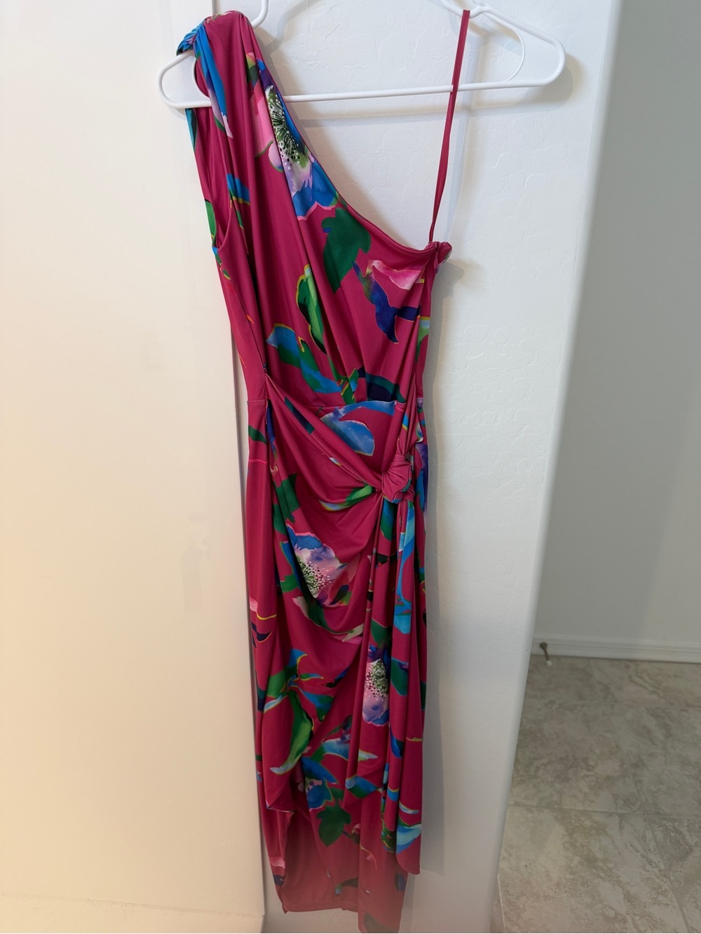 Boston Proper Magenta One-Shoulder Floral Draped Maxi Dress